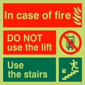Glow in the dark fire action sign do not use lift use stairs