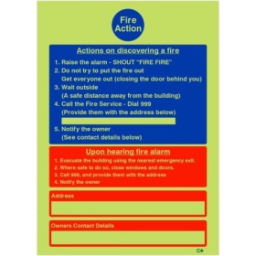 Glow in the dark fire action notice sign for hotels and guest houses with emergency instructions