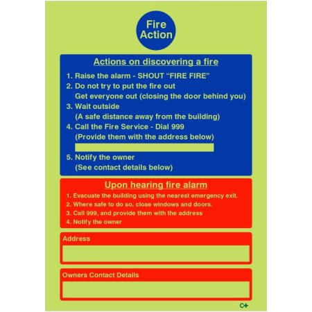 Glow in the dark fire action notice sign for hotels and guest houses with emergency instructions