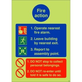 Fire action operate nearest fire alarm glow in the dark safety sign