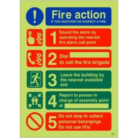 Glow in the dark fire action notice sign with emergency fire evacuation instructions
