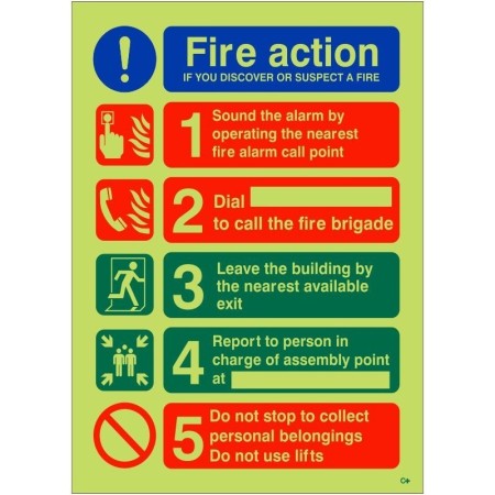 Glow in the dark fire action notice sign with emergency fire evacuation instructions