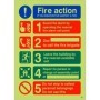 Glow in the dark fire action notice sign with emergency fire evacuation instructions