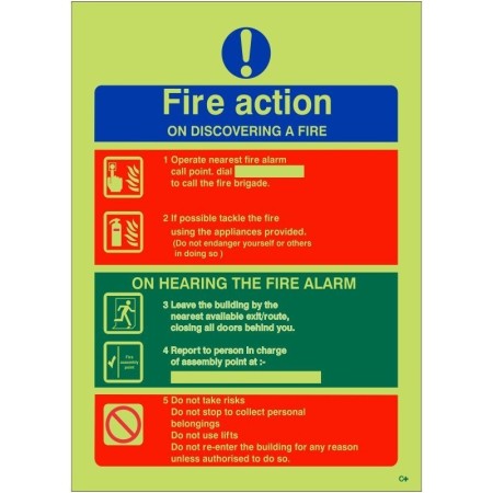 Glow in the dark fire action on discovering a fire safety sign