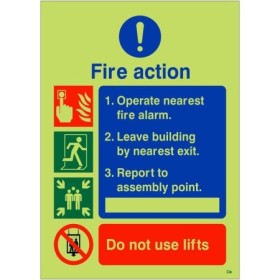 3 point glow in the dark fire action emergency procedure sign