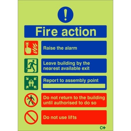 Glow in the dark fire action sign with five steps including do not use lifts instruction