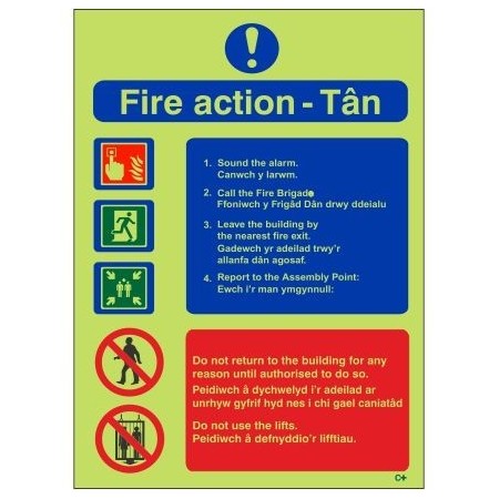 Glow in the dark Welsh and English fire action notice safety sign
