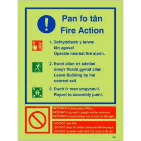 Glow in the dark Welsh and English fire action notice safety sign