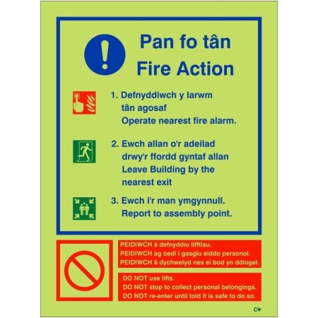 Glow in the dark Welsh and English fire action notice safety sign