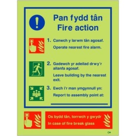 Glow in the dark Welsh English 3 point fire action notice safety sign
