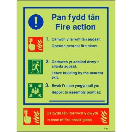 Glow in the dark Welsh English 3 point fire action notice safety sign