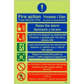 Glow in the dark Welsh and English fire action notice sign with raise the alarm emergency instructions