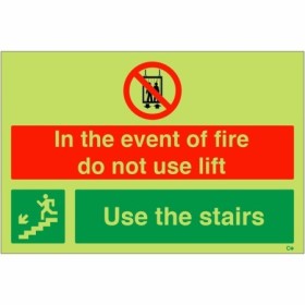 Glow in the dark in the event of fire do not use lift use the stairs down left sign