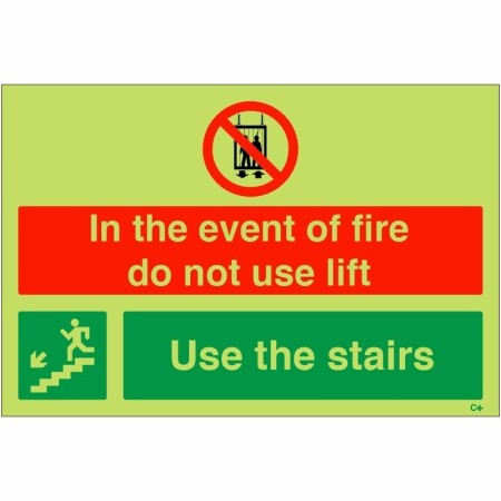 Glow in the dark in the event of fire do not use lift use the stairs down left sign