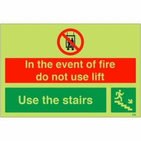 Glow in the dark fire exit sign do not use lift use stairs down right symbol