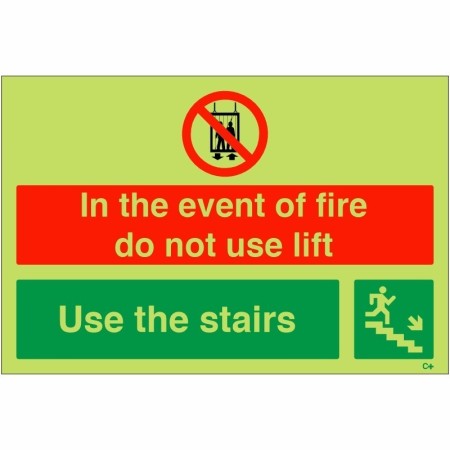 Glow in the dark fire exit sign do not use lift use stairs down right symbol