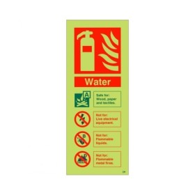 Glow in the dark water fire extinguisher safety sign with extinguisher symbol and fire class guidance