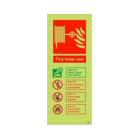 Glow in the dark fire hose reel safety sign with photoluminescent finish