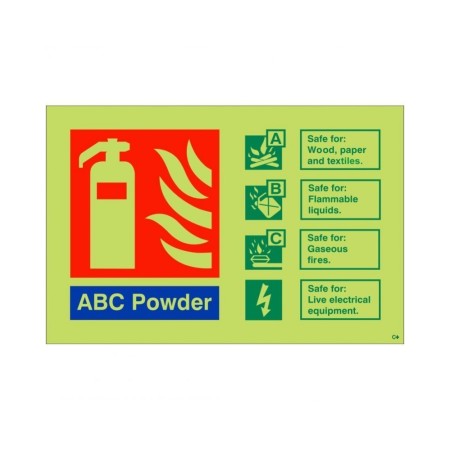 Glow in the dark ABC powder fire extinguisher identification sign