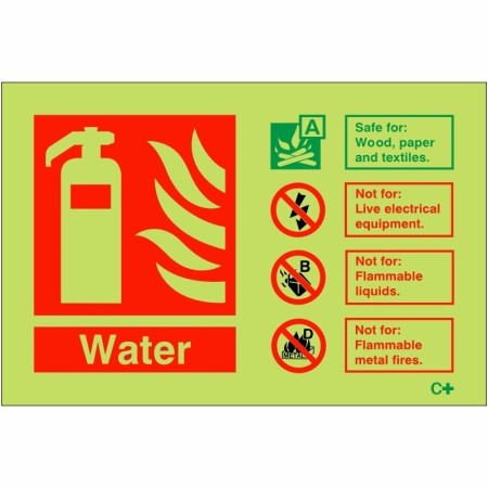 Glow in the dark water fire extinguisher identification safety sign