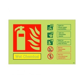 Glow in the dark wet chemical fire extinguisher safety sign for commercial kitchens