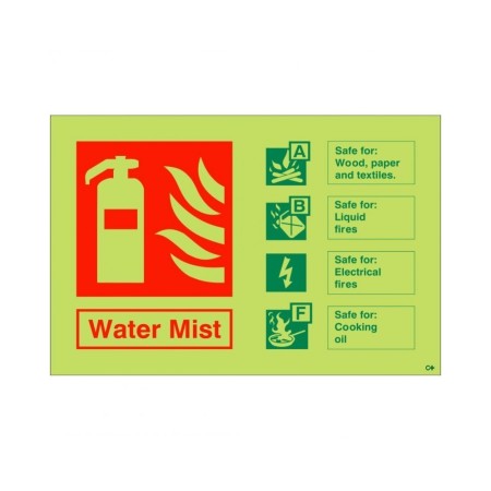 Glow in the dark water mist fire extinguisher safety sign