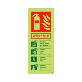 Glow in the dark water mist fire extinguisher identification sign