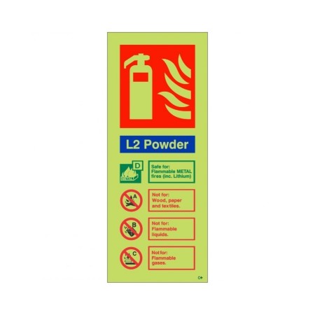 Glow in the dark L2 powder fire extinguisher identification safety sign