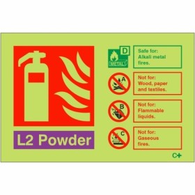 Glow in the dark L2 powder fire extinguisher identification sign for metal fire risks