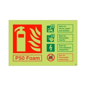Glow in the dark P50 foam fire extinguisher ID safety sign