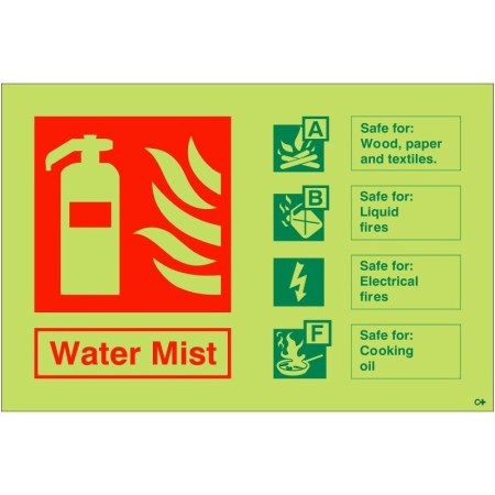 Glow in the dark Water Mist fire extinguisher safety sign