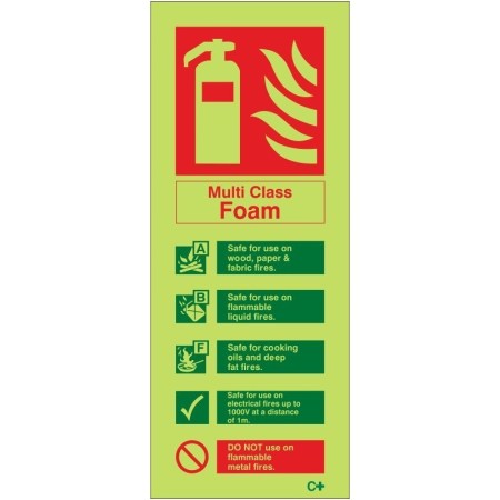 Glow in the dark multi class foam fire extinguisher ID sign