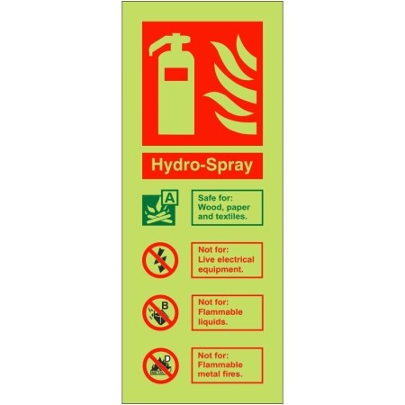 Glow in the Dark Hydro Spray Fire ID safety sign for fire extinguisher identification
