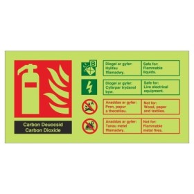Glow in the dark Carbon Dioxide Fire ID sign in Welsh and English