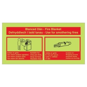 Glow in the dark bilingual Welsh and English Fire Blanket ID safety sign