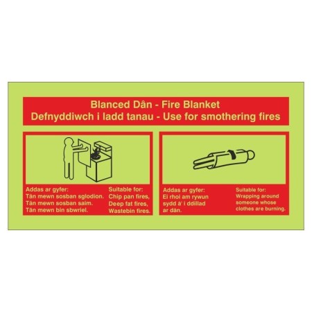 Glow in the dark bilingual Welsh and English Fire Blanket ID safety sign