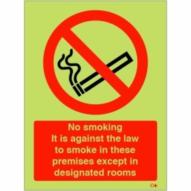 Glow in the dark no smoking except in designated rooms safety sign