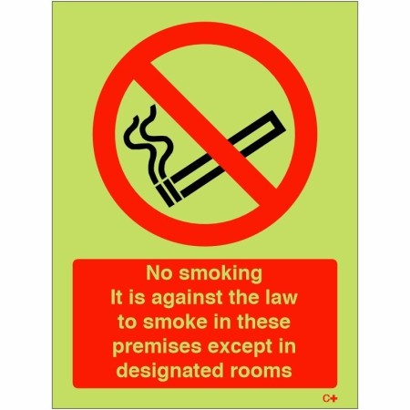 Glow in the dark no smoking except in designated rooms safety sign