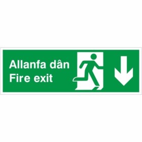 Fire Exit Arrow Down Sign in Welsh and English