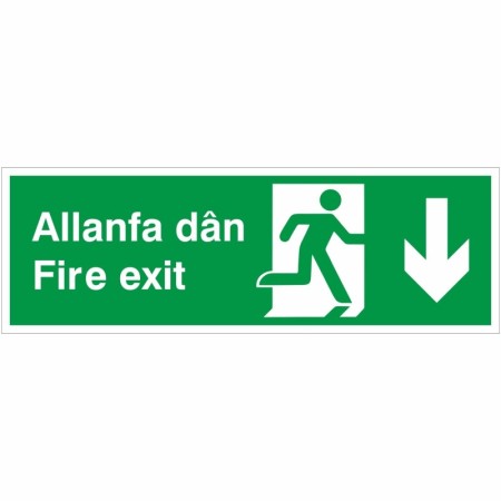 Fire Exit Arrow Down Sign in Welsh and English