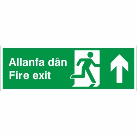 Fire Exit Arrow Up Sign in Welsh and English with running man symbol