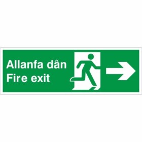 Fire exit arrow right sign in Welsh and English