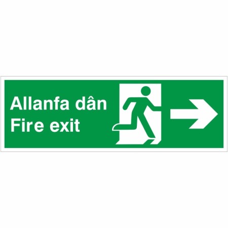 Fire exit arrow right sign in Welsh and English