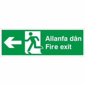 Bilingual Welsh and English fire exit sign with left arrow and running man symbol