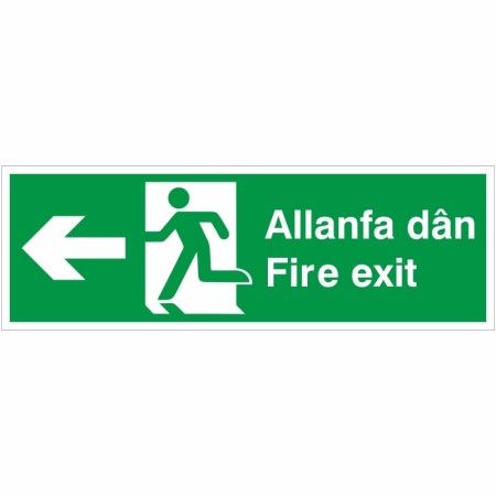 Bilingual Welsh and English fire exit sign with left arrow and running man symbol