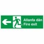 Bilingual Welsh and English fire exit sign with left arrow and running man symbol