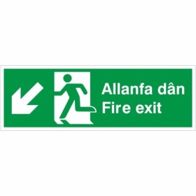 Fire Exit Arrow Down Left bilingual Welsh and English safety sign