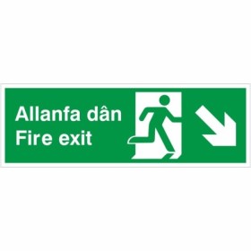 Bilingual Welsh and English fire exit arrow down right sign