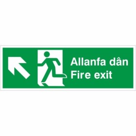 Fire Exit Arrow Up Left bilingual Welsh and English safety sign
