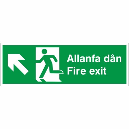 Fire Exit Arrow Up Left bilingual Welsh and English safety sign